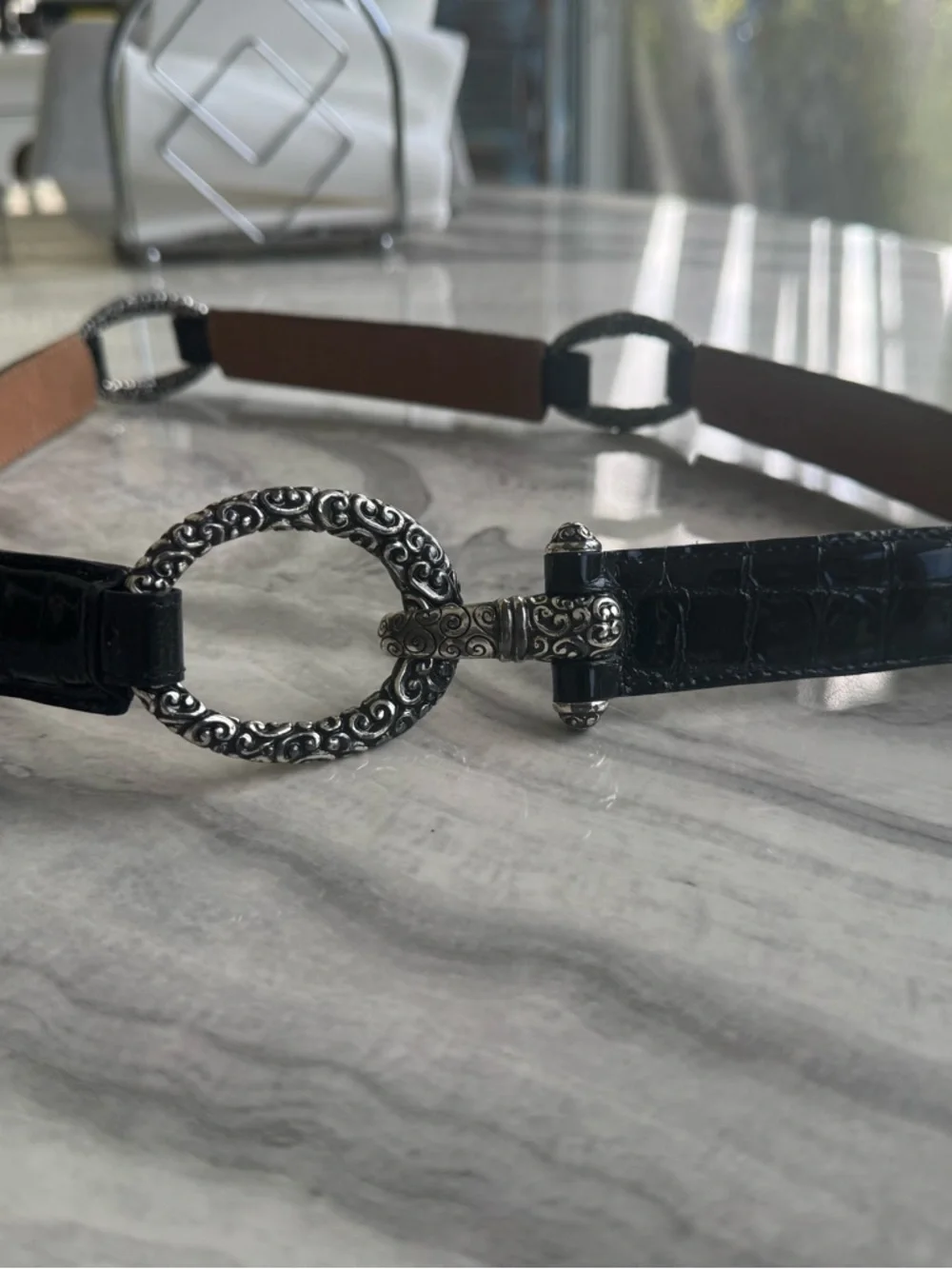 Brighton Black Croc Embossed Leather Ornate Link Belt - Size 38 - Picture 9 of 11